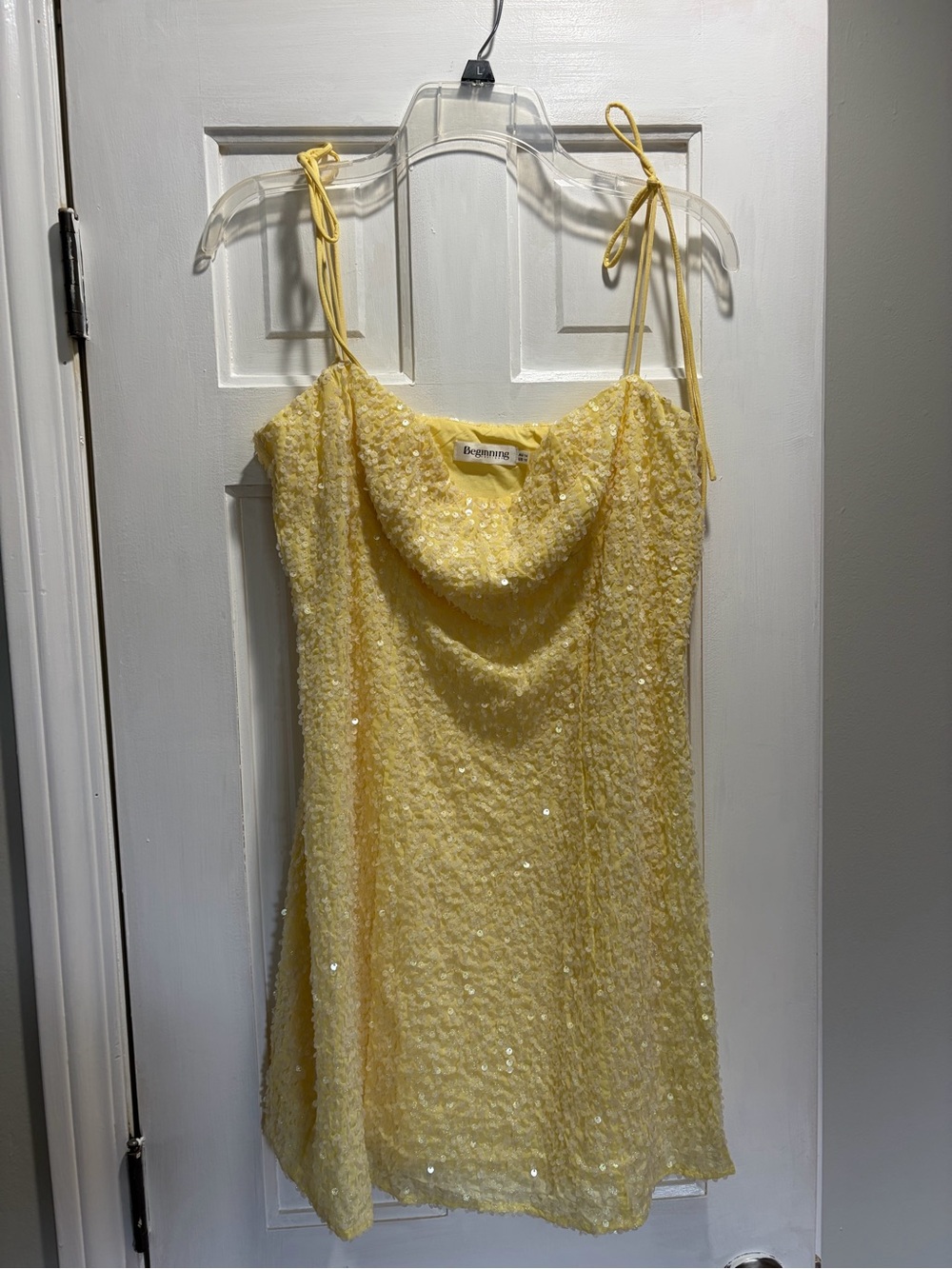 Pale Yellow Sequin Cowl Mini Dress
